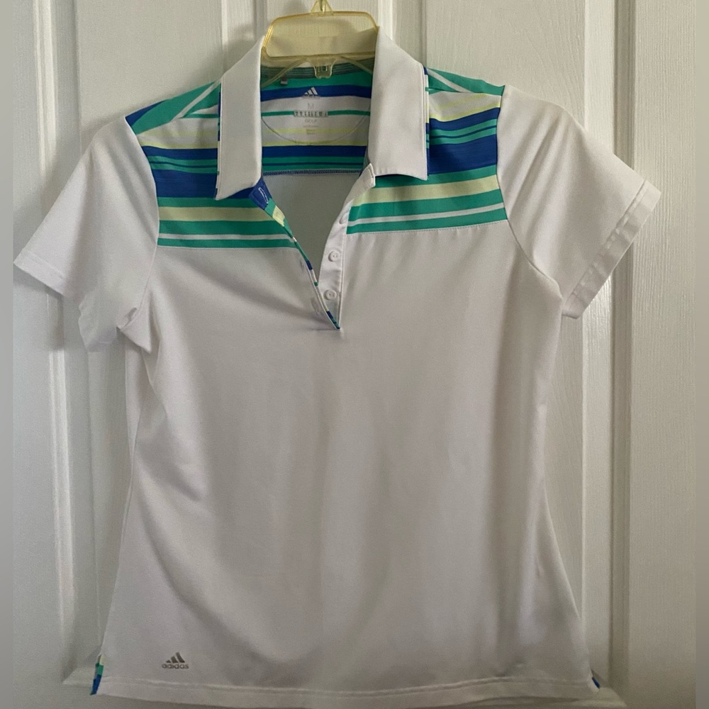 ADIDAS … WOMENS White Polo Shirt with Blue and Green Stripes